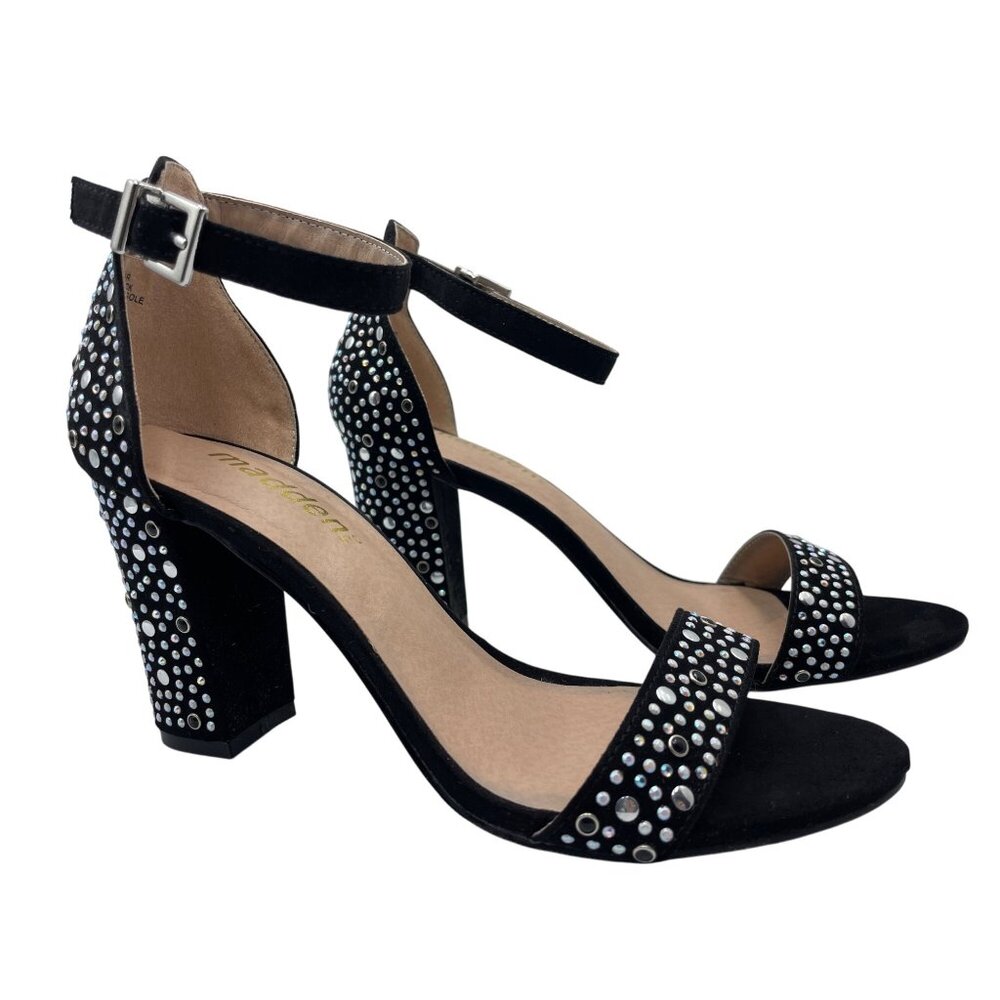 Madden Womens Black Rhinestone Studded Glitzy Black Block Heeled Sandals Size 8